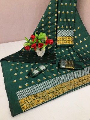 Rizanx Woven Mekhela Chador Cotton Blend, Cotton Silk Saree(Green, White)