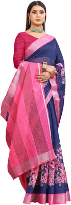 HouseOfCommon Woven Kanjivaram Pure Cotton, Cotton Linen Saree(Dark Blue, Pink)