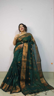 S G SAREES Woven Handloom Handloom Cotton Silk Saree(Dark Green)