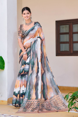 Moda Rapido Printed Daily Wear Cotton Linen Saree(Grey)