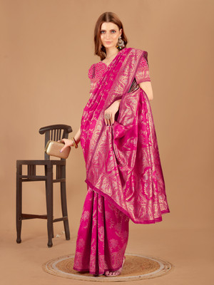 SNH EXPORT Floral Print Banarasi Jacquard Saree(Maroon)