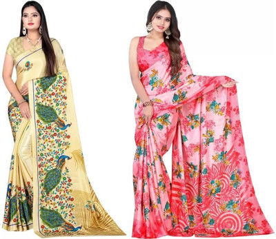 Leelavati Printed Daily Wear Crepe Saree(Pack of 2, Gold, Pink)
