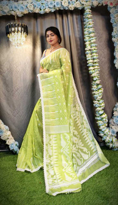 RJSC Woven Jamdani Cotton Silk Saree(Light Green)