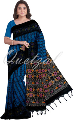 Quetzal Printed, Solid/Plain, Self Design Sambalpuri Pure Cotton Saree(Blue)