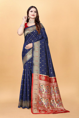 DHAYNAAND REEWA FASHION Woven Kalamkari Tussar Silk Saree(Dark Blue)