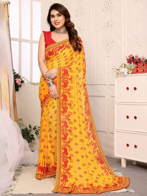 Moda Rapido Printed, Self Design Daily Wear Georgette Saree(Yellow, Red)