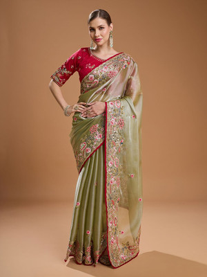 Tasrika Embroidered Bollywood Silk Blend Saree(Green)