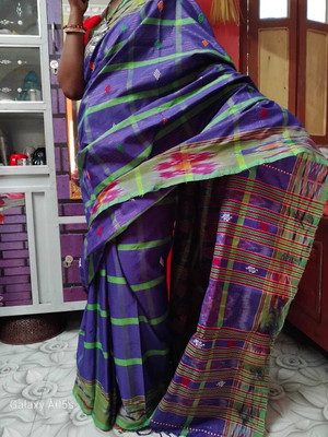 AMIT STORE Self Design Handloom Cotton Linen Saree(Blue)