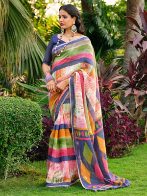 Anouk Rustic Printed Tant Cotton Blend Saree(Multicolor)