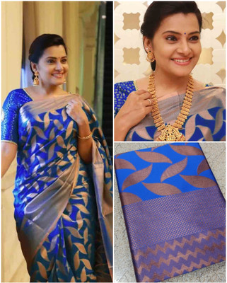 KHANJAN FASHION Geometric Print, Graphic Print, Woven Kanjivaram Silk Blend, Jacquard Saree(Blue)
