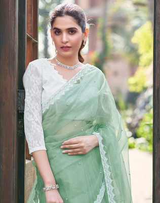 SIRIL Embellished Bollywood Net Saree(Green)