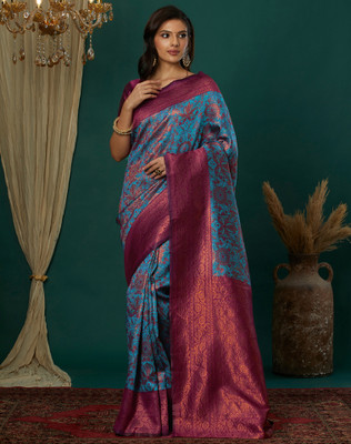 Divastri Woven, Embellished Kanjivaram Silk Blend, Jacquard Saree(Gold, Blue, Purple)