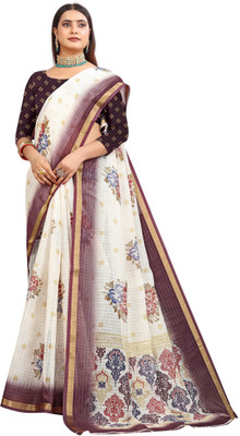 Mervadiya Digital Print Kanjivaram Pure Cotton, Cotton Linen Saree(Cream)