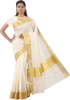 ANTIK Solid/Plain Kasavu Cotton Silk Saree(White)