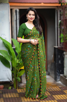 HouseOfCommon Printed Bollywood Georgette Saree(Dark Green)