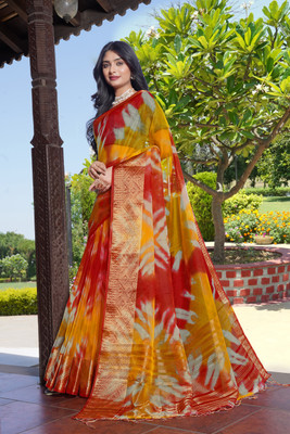 KOTHARI LGF Solid/Plain Bandhani Organza Saree(Red)