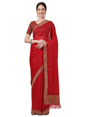 RekhaManiyar Striped Banarasi Art Silk Saree(Red)