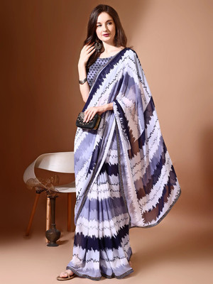 Leelavati Printed, Embellished, Embroidered Daily Wear Chiffon Saree(White, Grey)