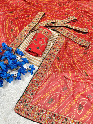 Infyshopy Fashions Printed, Self Design, Solid/Plain, Embroidered Bandhani Georgette Saree(Red)