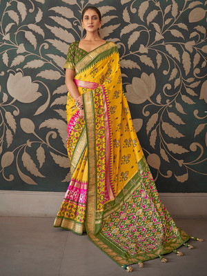 ANOUK Printed Pochampally Silk Blend Saree(Yellow)