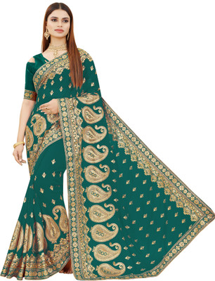 b bella creation Self Design, Embroidered Bollywood Georgette Saree(Light Green, Gold)