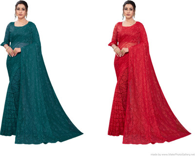 Nilkanthvarni Creation Self Design Bollywood Net Saree(Pack of 2, Dark Green, Red)