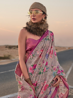 Divastri Printed Madurai Linen Saree(Grey)
