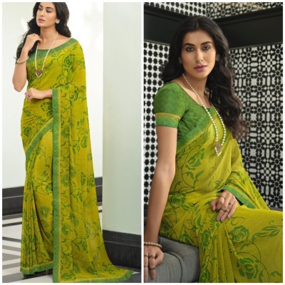 MEETVIN COUTURE Printed, Self Design, Digital Print, Embroidered, Floral Print, Solid/Plain Bollywood Georgette, Chiffon Saree(Light Green)