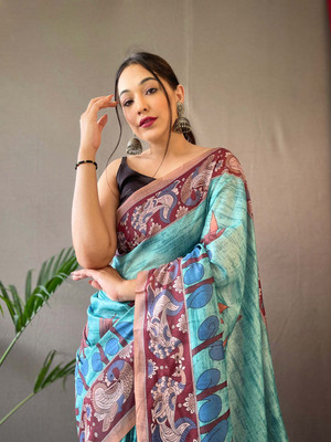 Ravenclaw Digital Print Banarasi Cotton Linen Saree(Blue)