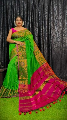 ACHOL Woven Handloom Cotton Silk Saree(Green, Pink)