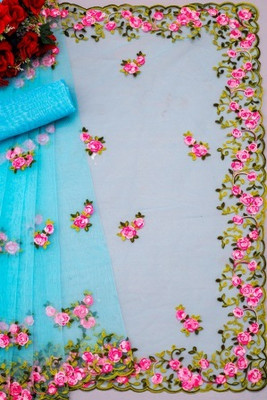 Naklang creation Embroidered Daily Wear Cotton Linen Saree(Light Blue)