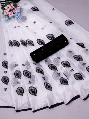 shyam enterprises Self Design Daily Wear Cotton Linen Saree(Black, White)