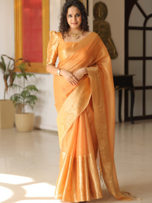 Nilofer Silk Sarees Woven, Solid/Plain, Embroidered Banarasi Jacquard, Tissue Saree(Orange)