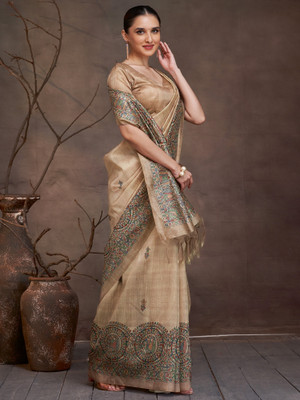 Divastri Printed Banarasi Cotton Silk Saree(Beige)