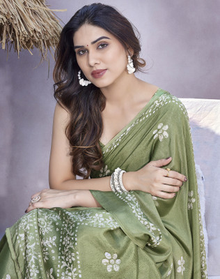 YASHIKA Floral Print Bollywood Tussar Silk Saree(Green)
