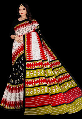 Sumit Textiles Printed Sambalpuri Cotton Blend Saree(Black, Red, White)