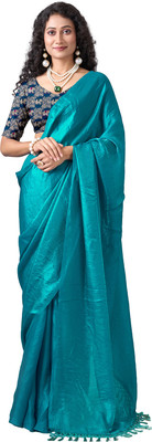 Virendra Textiles Solid/Plain Bollywood Satin Saree(Blue)