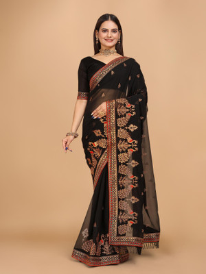 Crystallfashion Embroidered Bollywood Georgette Saree(Black)