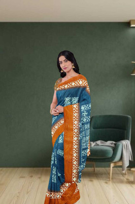 Classy Foriever Printed Ikkat Cotton Blend Saree(Pack of 2, Light Blue)