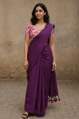 SMRITI HANDLOOM Solid/Plain Kalamkari Handloom Pure Cotton Saree(Pack of 2, Purple, Red)
