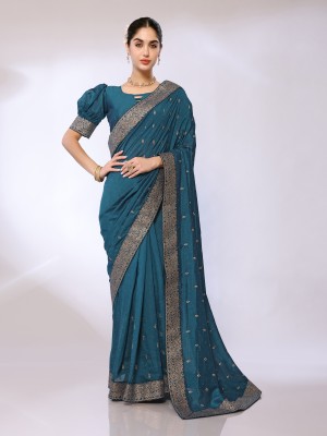 FABMORA Embellished, Embroidered Bollywood Silk Blend Saree(Blue)