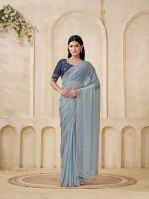 Zenophily Solid/Plain Maheshwari Chiffon Saree(Blue)