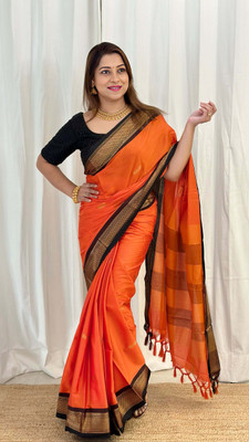ASCREATIONOO Woven, Self Design, Temple Border Kanjivaram Cotton Silk Saree(Orange)
