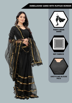 Yashvi Designer Embellished Bollywood Net Saree(Black)