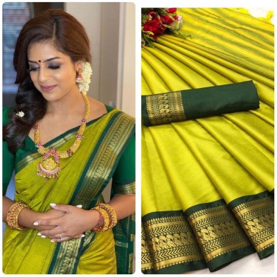 AMARQUEEN Temple Border Banarasi Silk Blend Saree(Light Green)