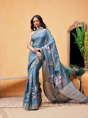 SILK ZONE Digital Print Pre Draped Saree Silk Blend Saree(Light Blue)