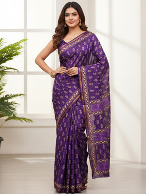 MODERRY Blocked Printed, Printed Daily Wear Pure Cotton, Mulmul Saree(Purple)