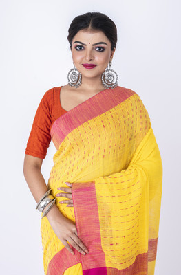 MorChari Printed Handloom Cotton Linen Saree(Yellow)