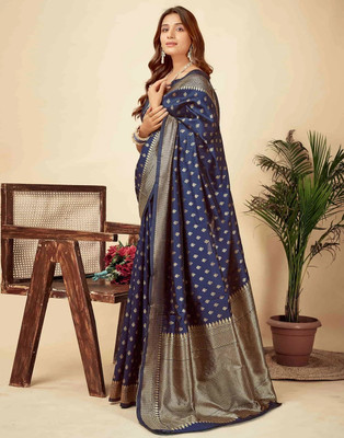 Janvi Boutique Woven Kanjivaram Pure Silk Saree(Dark Blue)