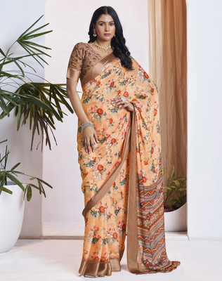 SIRIL Floral Print Bollywood Georgette Saree(Brown, Orange)